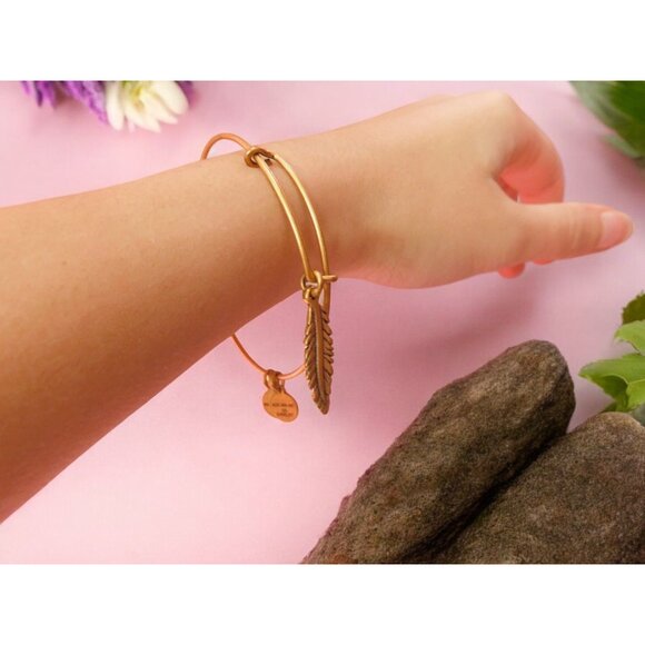 Alex and Ani Feather Charm Gold-Tone Bangle - Boho Chic Bracelet - Picture 7 of 7